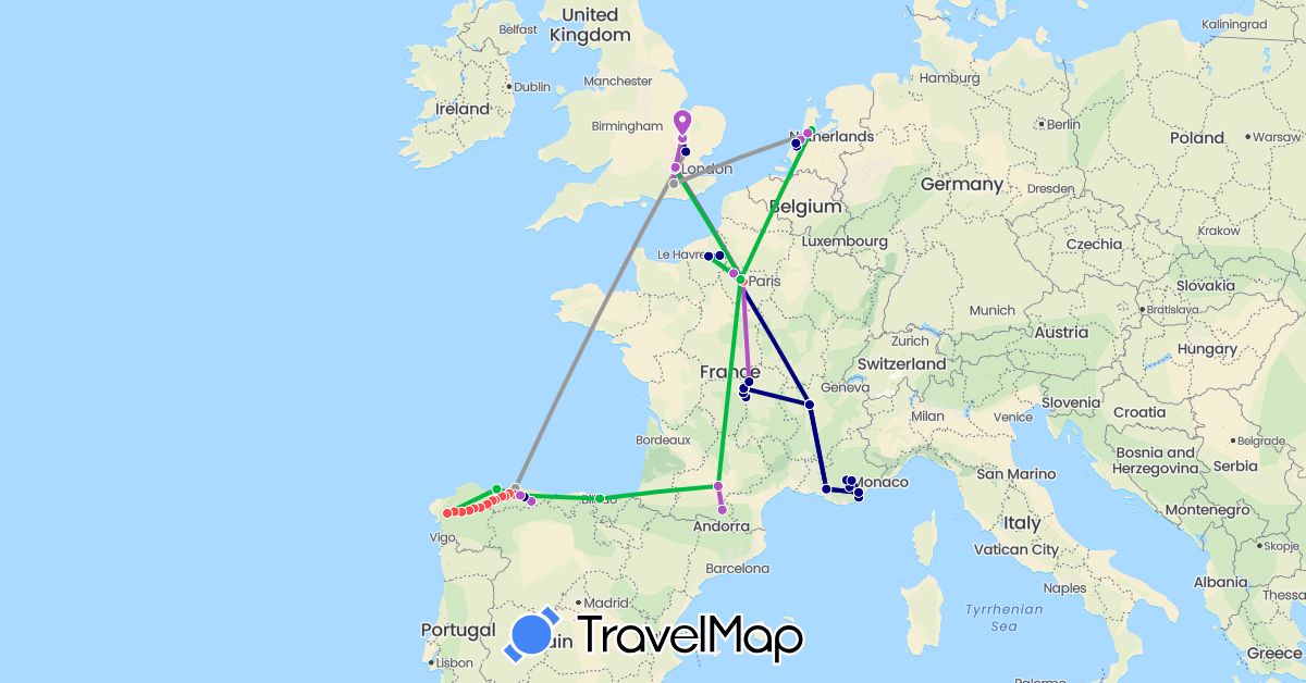 TravelMap itinerary: driving, bus, plane, cycling, train, hiking in Spain, France, United Kingdom, Netherlands (Europe)
