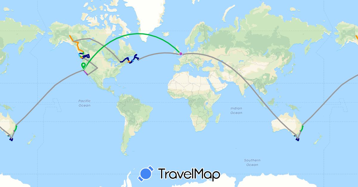 TravelMap itinerary: driving, bus, plane, cycling, train, hiking, boat, hitchhiking in Australia, Canada, United Kingdom, Malaysia, United States (Asia, Europe, North America, Oceania)