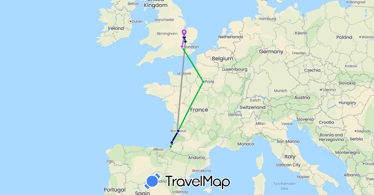 TravelMap itinerary: driving, bus, plane, train in France, United Kingdom (Europe)