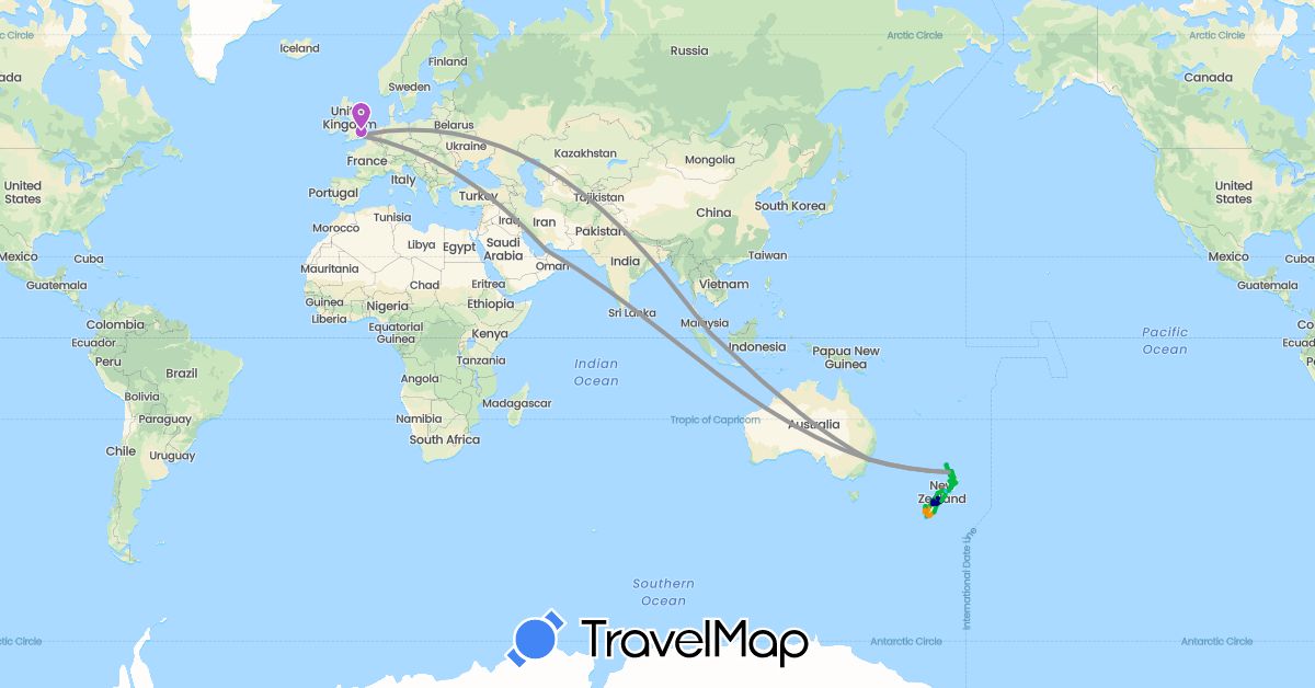 TravelMap itinerary: driving, bus, plane, train, hiking, boat, hitchhiking in United Arab Emirates, Australia, United Kingdom, New Zealand, Singapore (Asia, Europe, Oceania)